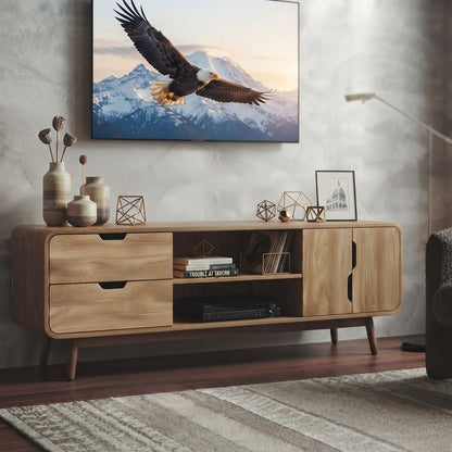 63" Natural Wood Enclosed and Open Storage TV Stand