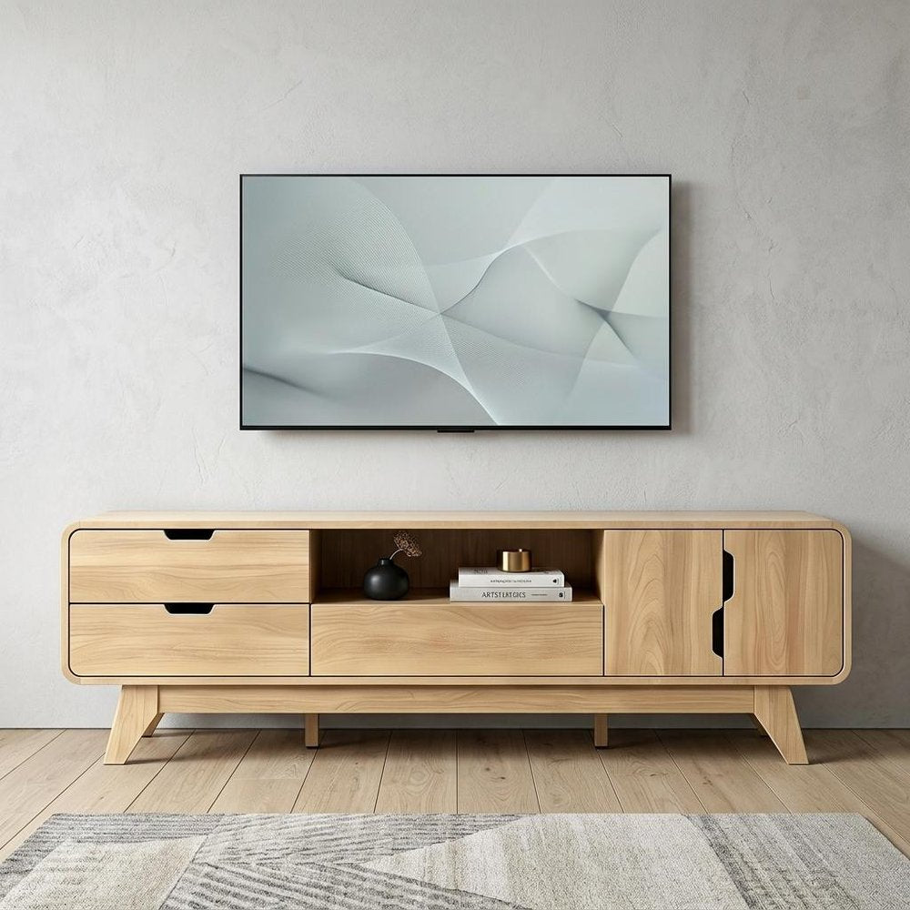 63" Natural Wood Enclosed and Open Storage TV Stand — view 2