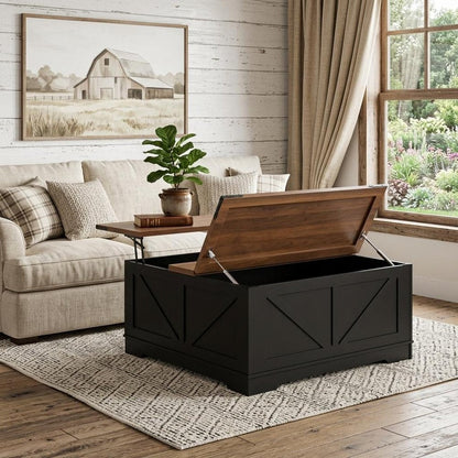 39" Brown And Black Wood Lift Top Solid Trunk Coffee Table With Two Shelves HomeRoots