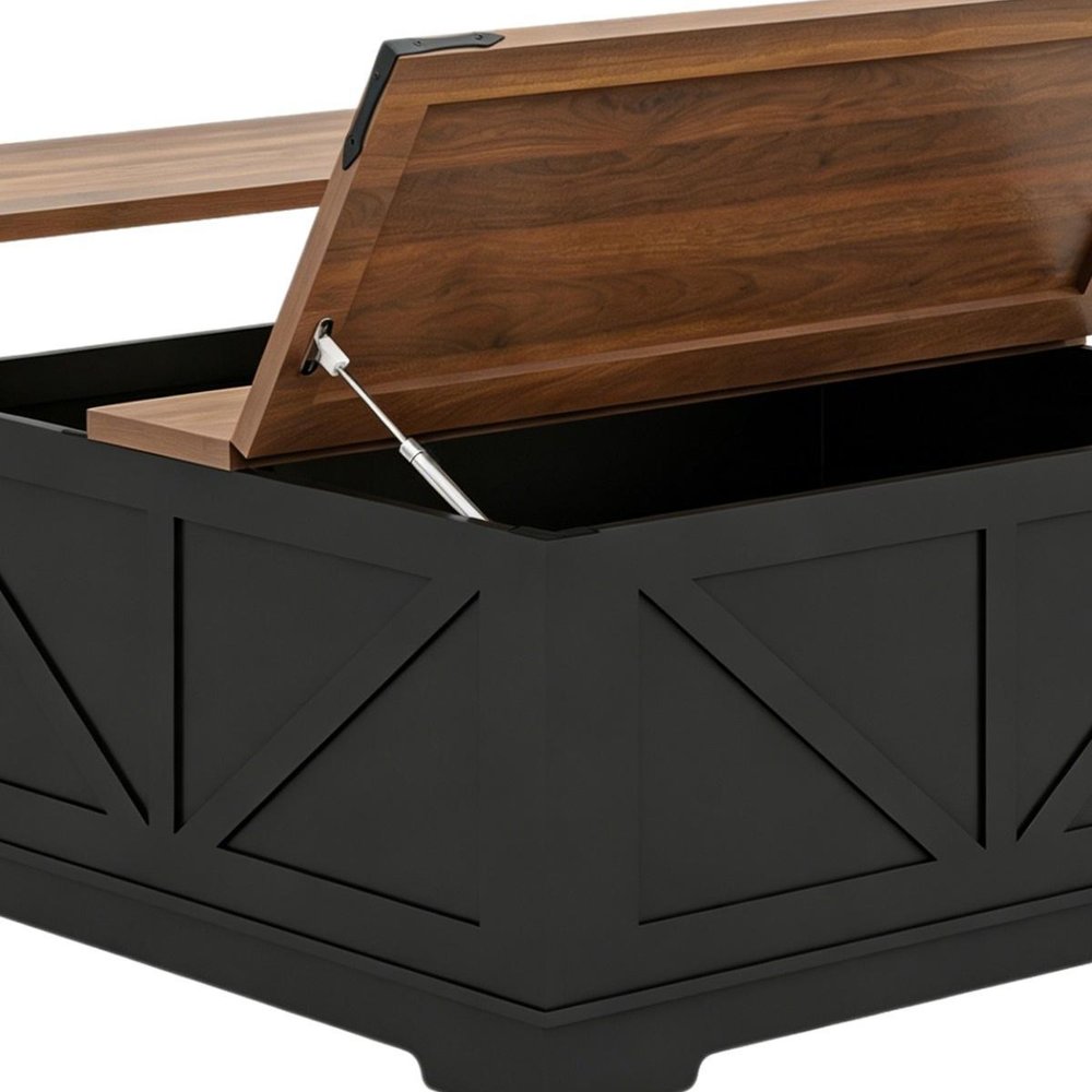 39" Brown And Black Wood Lift Top Solid Trunk Coffee Table With Two Shelves — view 4