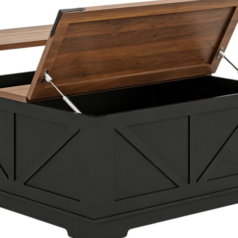 39" Brown And Black Wood Lift Top Solid Trunk Coffee Table With Two Shelves — view 5