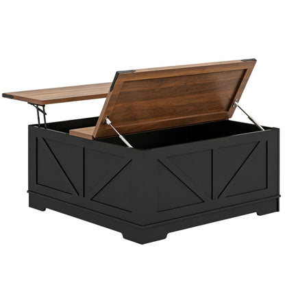 39" Brown And Black Wood Lift Top Solid Trunk Coffee Table With Two Shelves HomeRoots