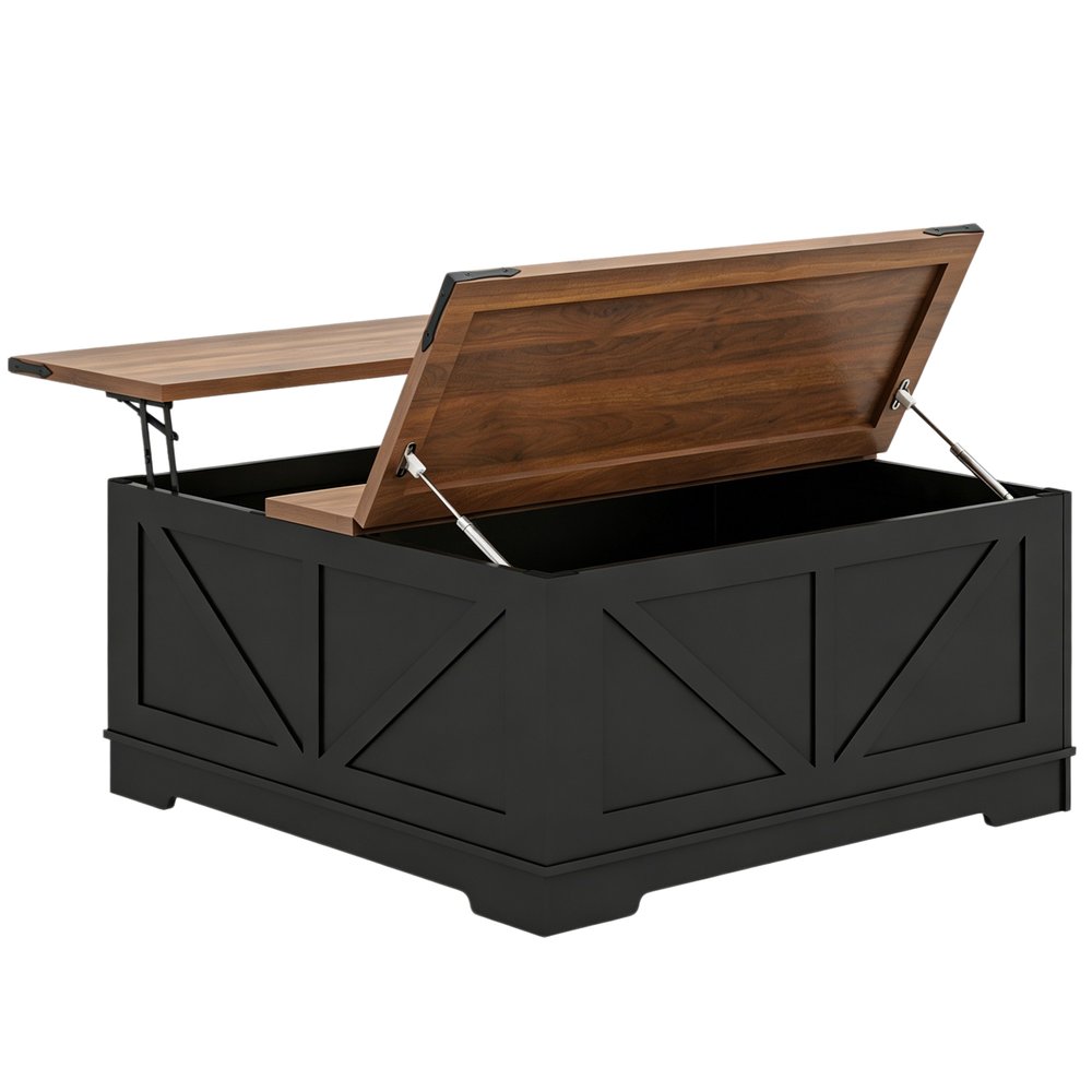 39" Brown And Black Wood Lift Top Solid Trunk Coffee Table With Two Shelves