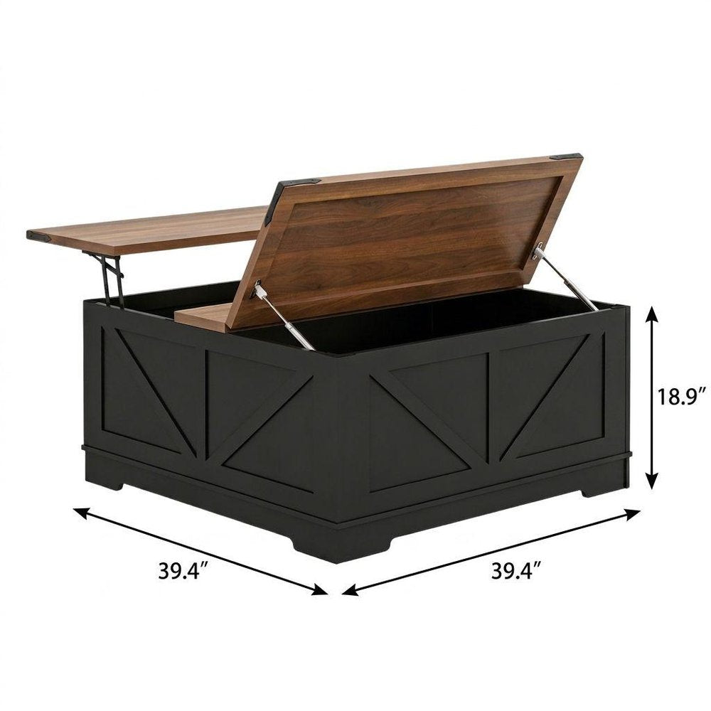 39" Brown And Black Wood Lift Top Solid Trunk Coffee Table With Two Shelves — view 3
