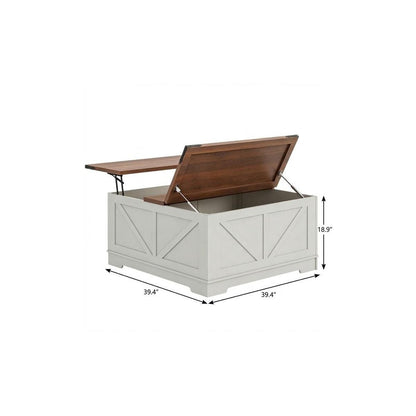 39" Brown And Black Wood Lift Top Solid Trunk Coffee Table With Two Shelves