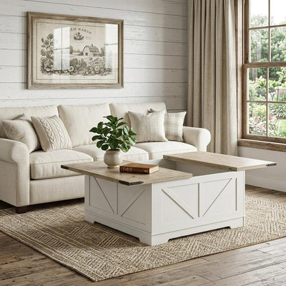 39" Ash Gray and White Wood Lift Top Solid Trunk Coffee Table With Two Shelves