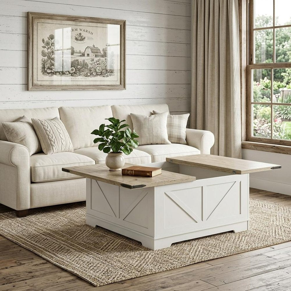 39" Ash Gray and White Wood Lift Top Solid Trunk Coffee Table With Two Shelves HomeRoots