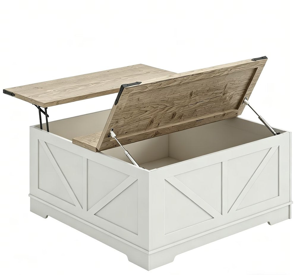 39" Ash Gray and White Wood Lift Top Solid Trunk Coffee Table With Two Shelves — view 2