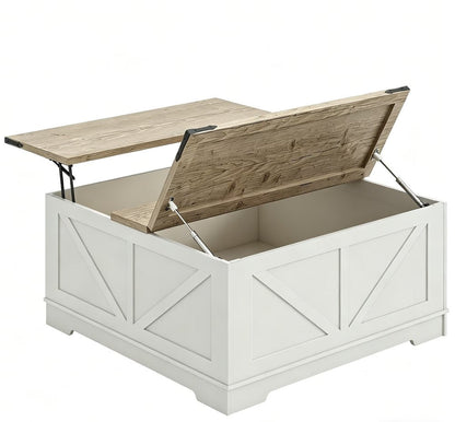 39" Ash Gray and White Wood Lift Top Solid Trunk Coffee Table With Two Shelves HomeRoots