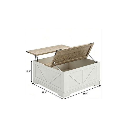 39" Ash Gray and White Wood Lift Top Solid Trunk Coffee Table With Two Shelves