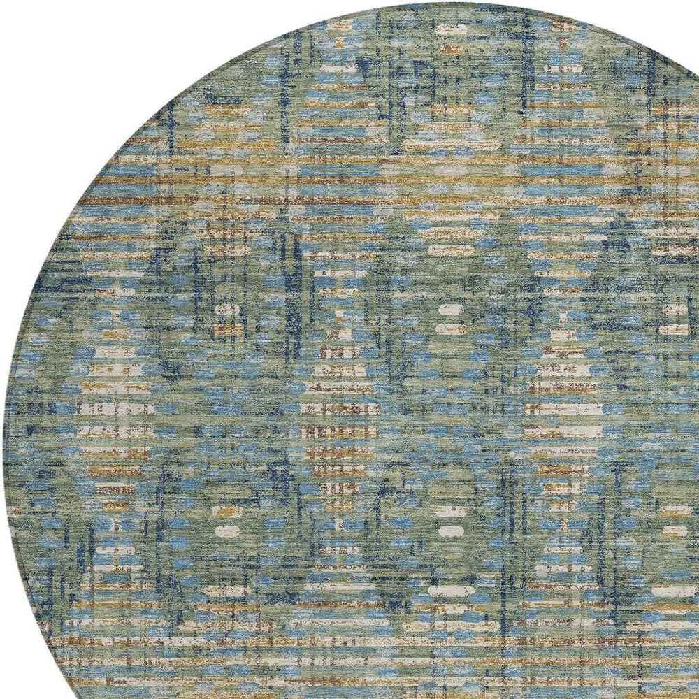 8' Green And Gray Round Floral Medallion Washable Indoor Outdoor Area Rug HomeRoots