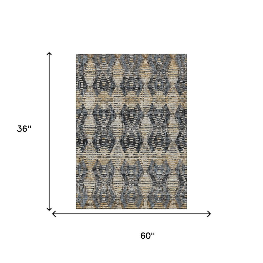 3' X 5' Black And Gray Floral Medallion Washable Indoor Outdoor Area Rug HomeRoots
