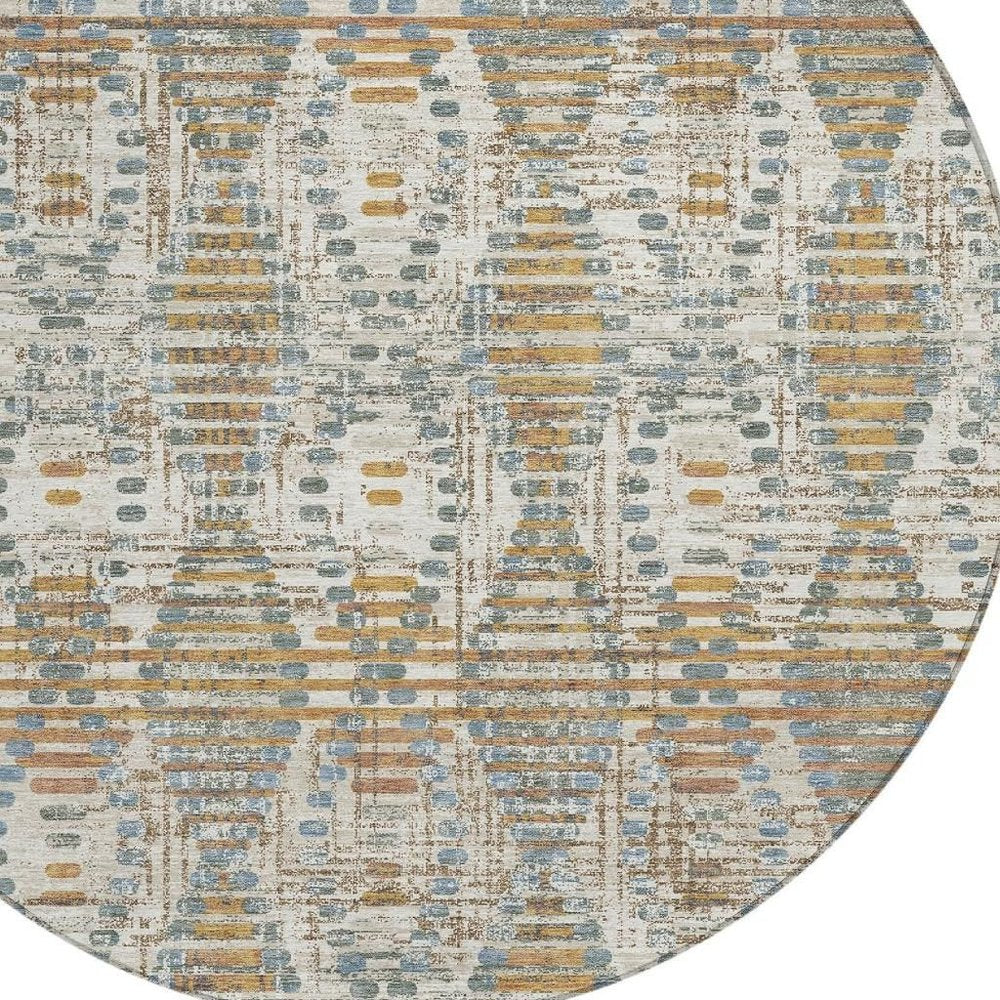 8' Ivory And Beige Round Floral Medallion Washable Indoor Outdoor Area Rug HomeRoots