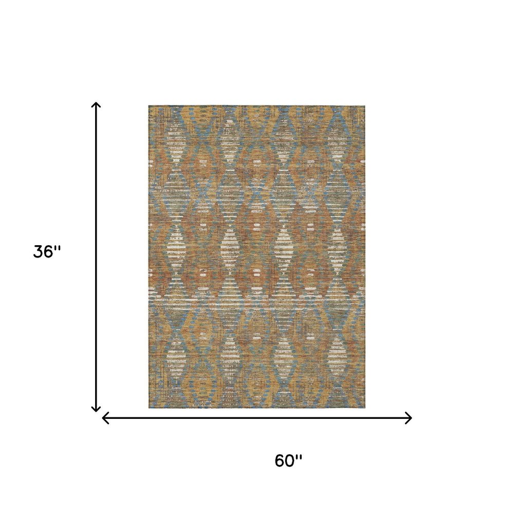 3' X 5' Orange And Brown Floral Medallion Washable Indoor Outdoor Area Rug HomeRoots