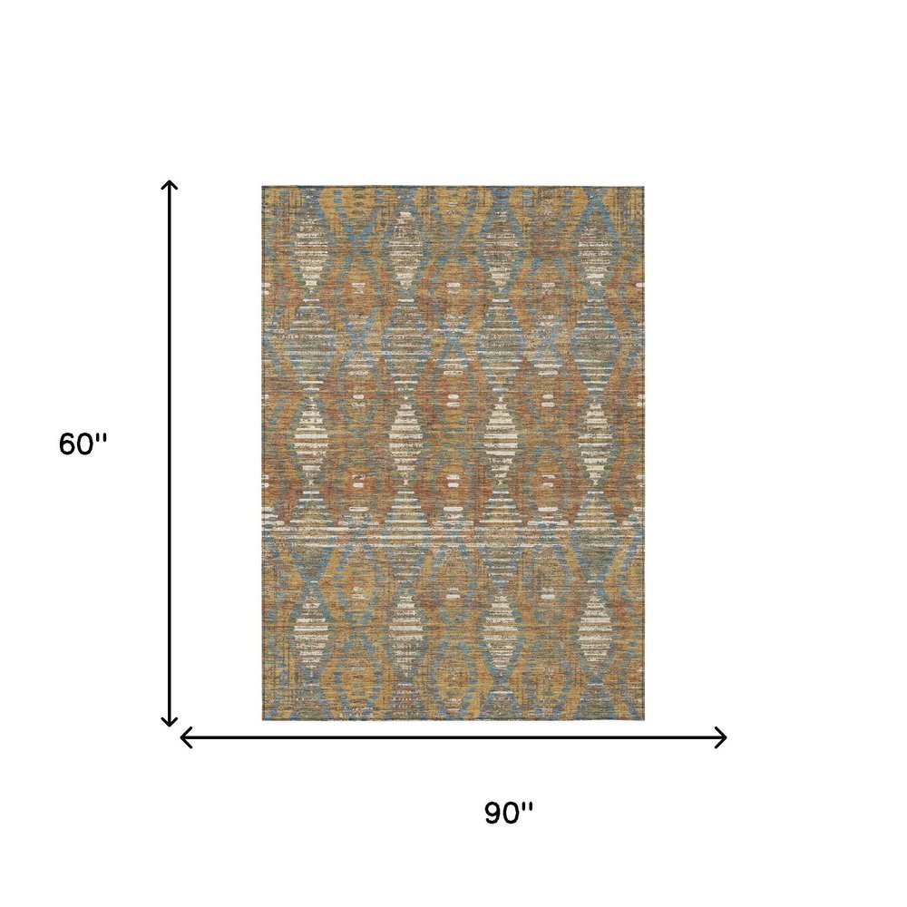5' X 8' Orange And Brown Floral Medallion Washable Indoor Outdoor Area Rug HomeRoots