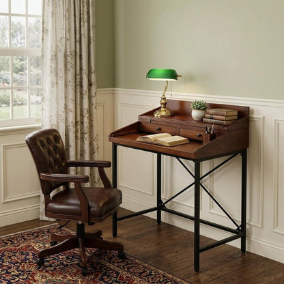 31" Chestnut and Black Solid Wood and Iron Writing Desk With Two Drawers HomeRoots