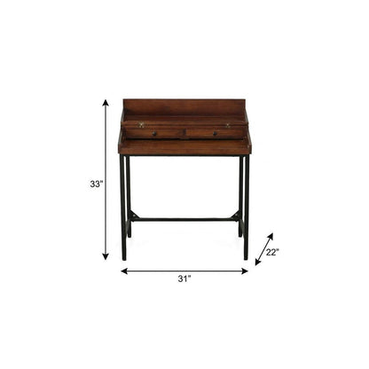 31" Chestnut and Black Solid Wood and Iron Writing Desk With Two Drawers HomeRoots