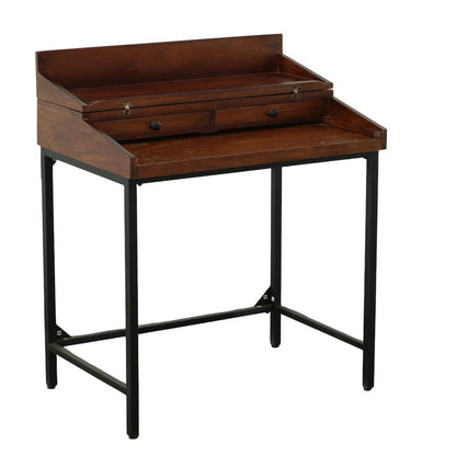 31" Chestnut and Black Solid Wood and Iron Writing Desk With Two Drawers HomeRoots