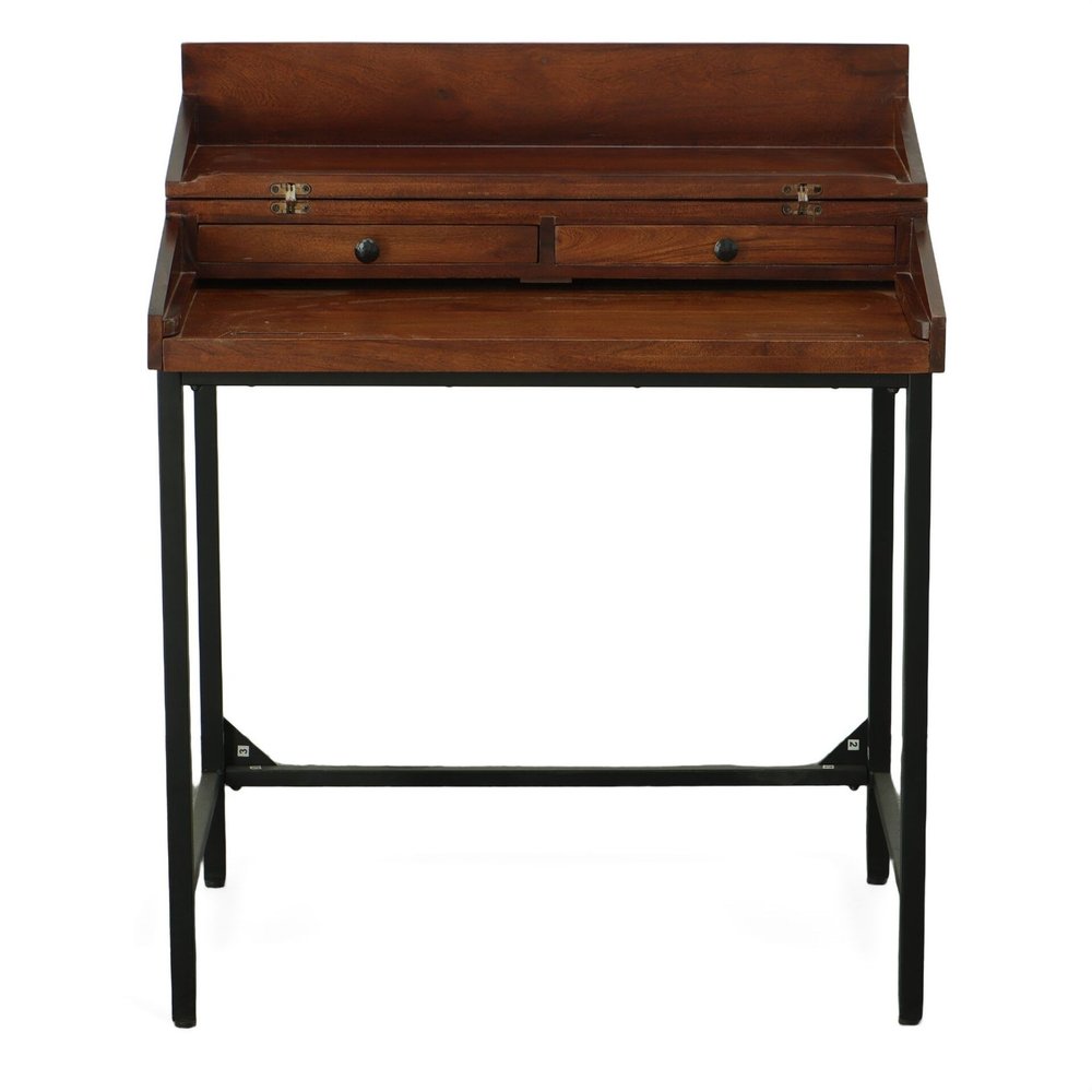 31" Chestnut and Black Solid Wood and Iron Writing Desk With Two Drawers HomeRoots