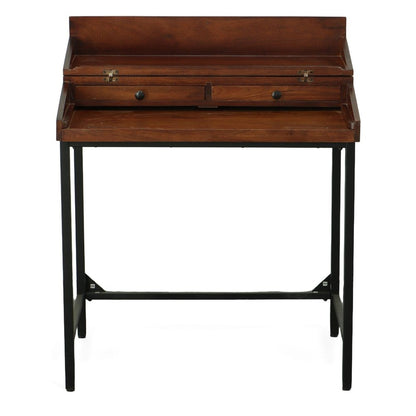 31" Chestnut and Black Solid Wood and Iron Writing Desk With Two Drawers HomeRoots