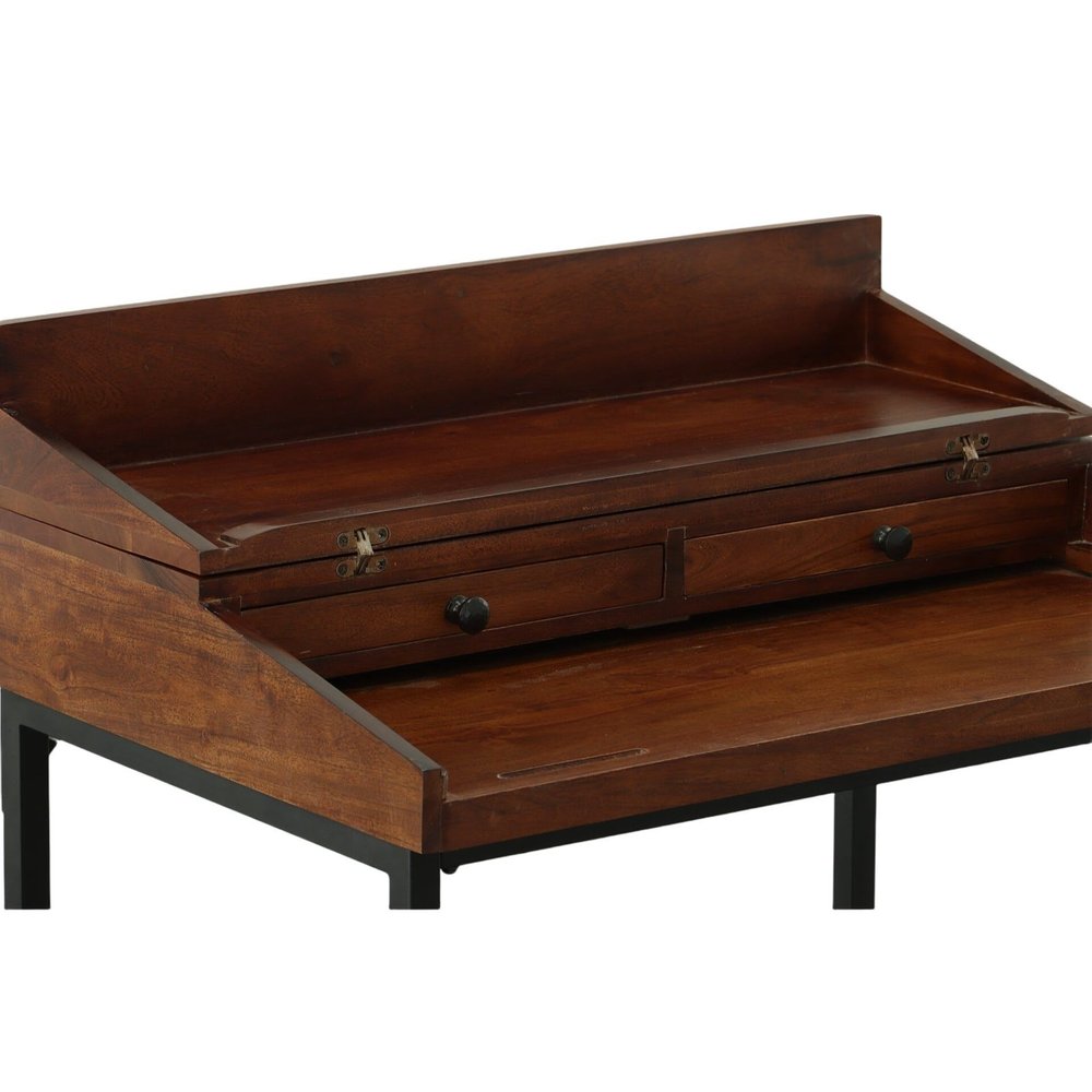 31" Chestnut and Black Solid Wood and Iron Writing Desk With Two Drawers — view 5
