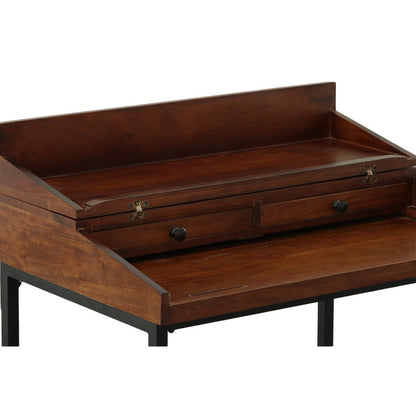 31" Chestnut and Black Solid Wood and Iron Writing Desk With Two Drawers HomeRoots