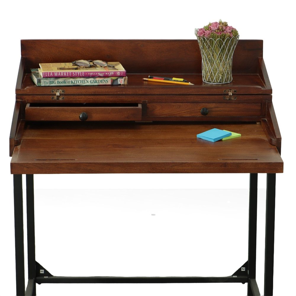 31" Chestnut and Black Solid Wood and Iron Writing Desk With Two Drawers — view 7