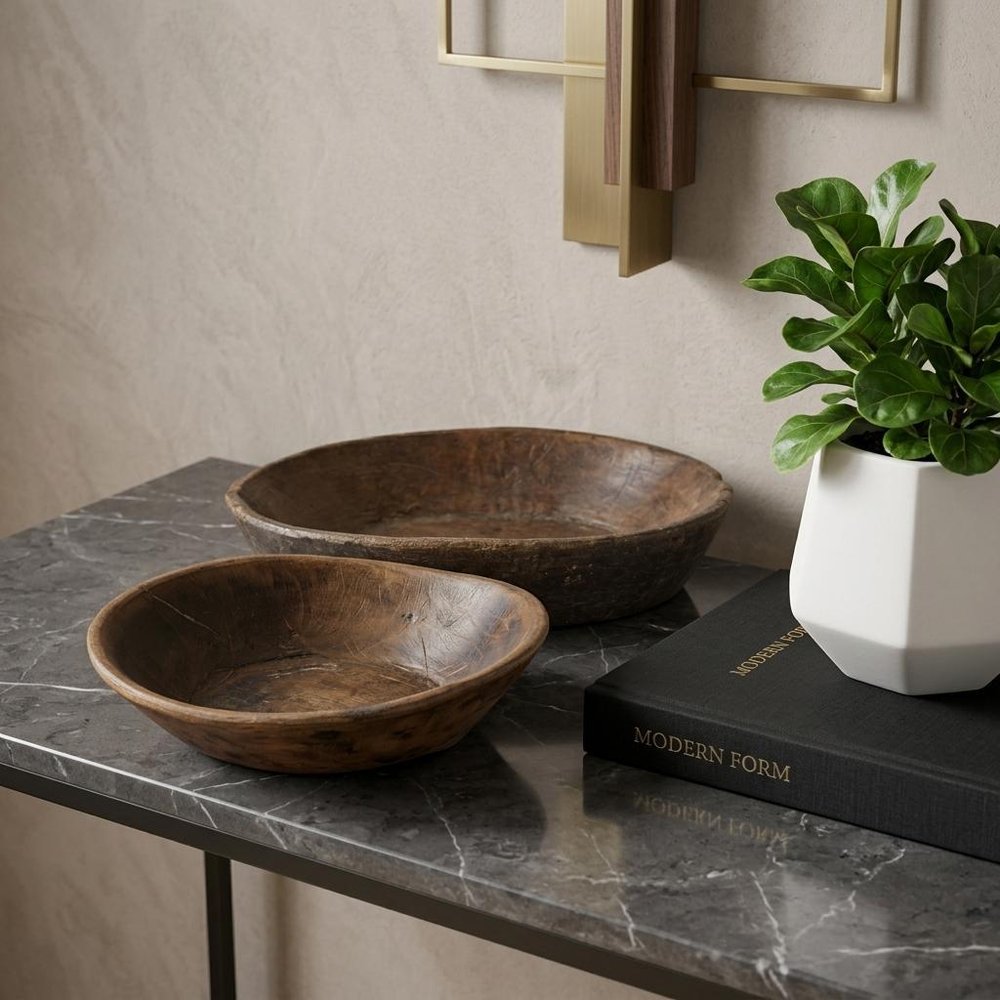 Set of Two Brown Solid Wood Round Centerpiece Bowl — view 10