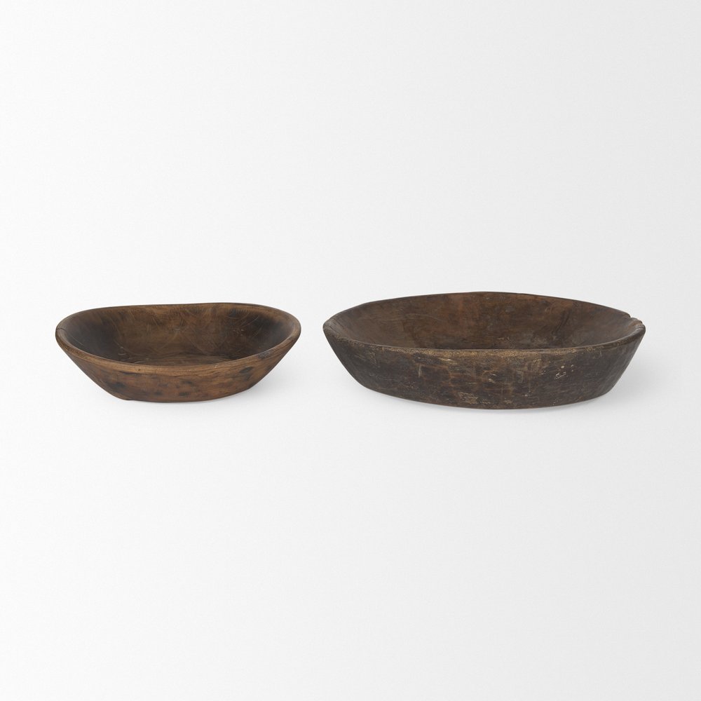 Set of Two Brown Solid Wood Round Centerpiece Bowl — view 2