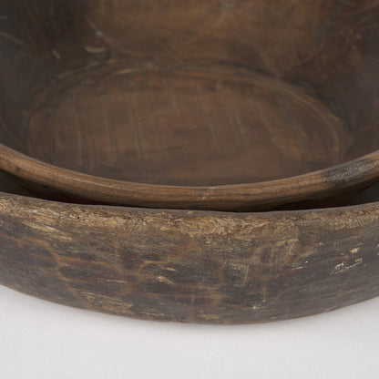 Set of Two Brown Solid Wood Round Centerpiece Bowl
