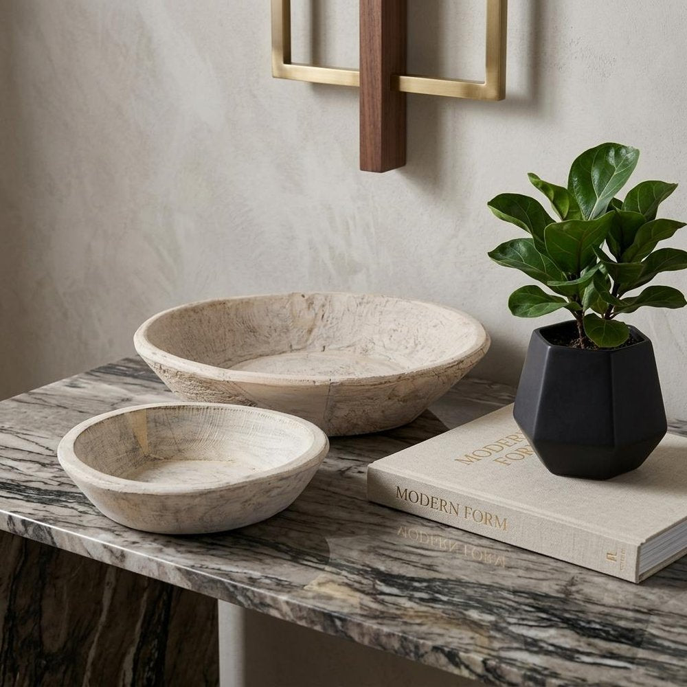Set of Two White Solid Wood Round Centerpiece Bowl — view 7