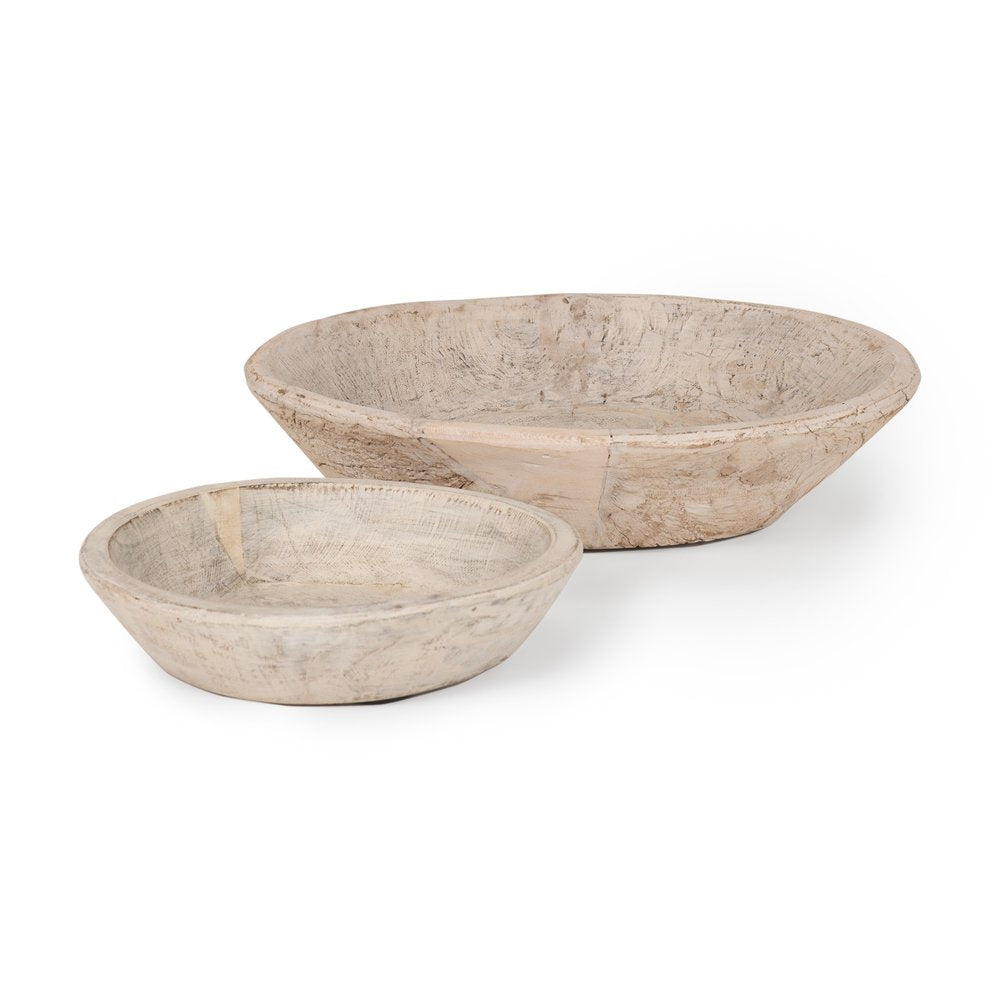 Set of Two White Solid Wood Round Centerpiece Bowl