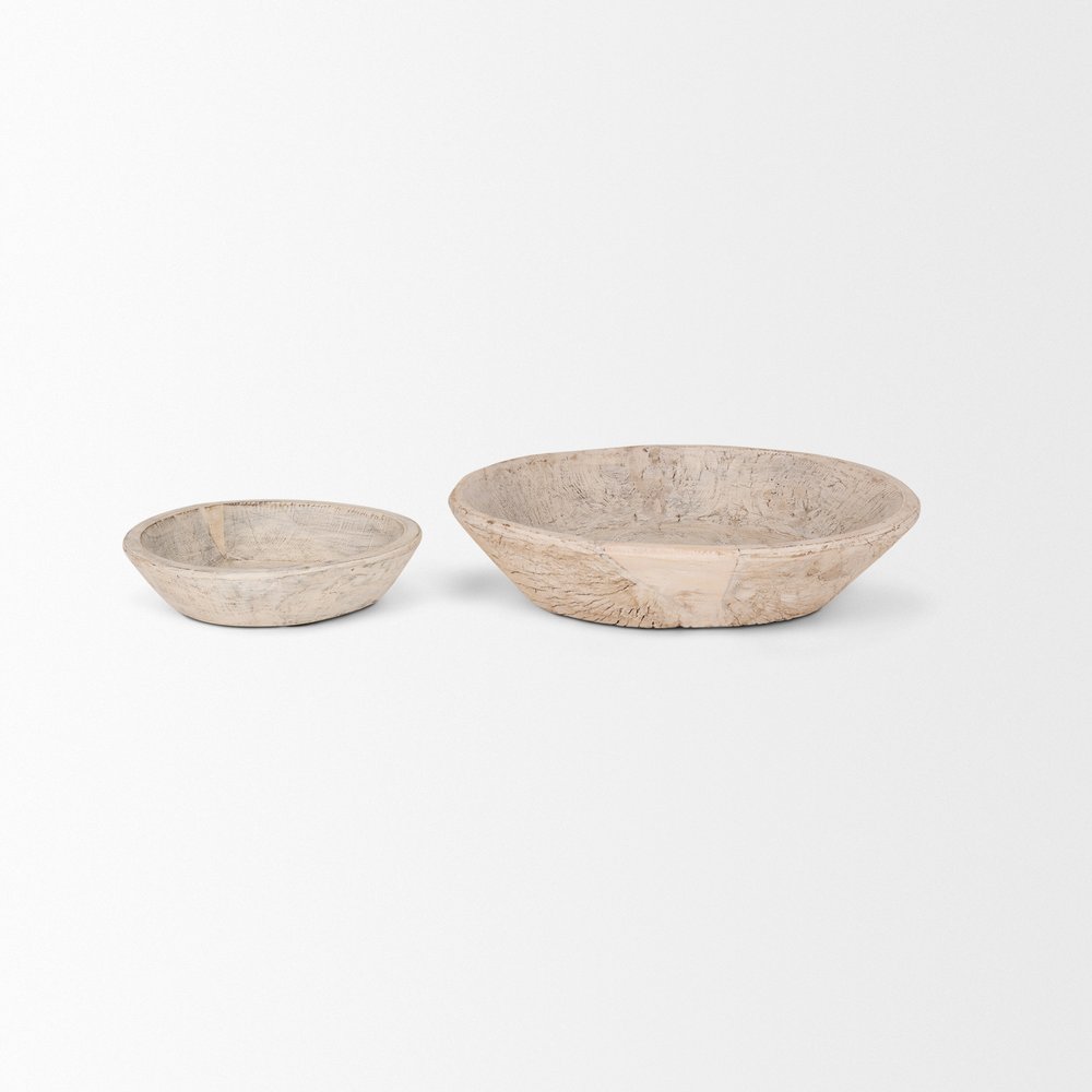 Set of Two White Solid Wood Round Centerpiece Bowl
