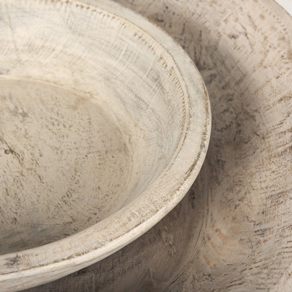 Set of Two White Solid Wood Round Centerpiece Bowl