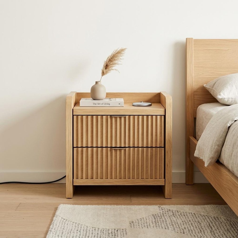 22" Natural Wood Ribbed Texture Two Drawer Nightstand with USB Port and Integrated Tech HomeRoots