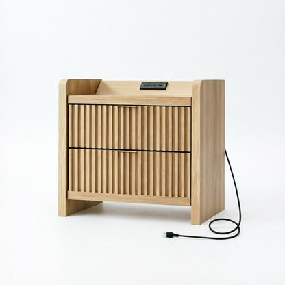 22" Natural Wood Ribbed Texture Two Drawer Nightstand with USB Port and Integrated Tech HomeRoots