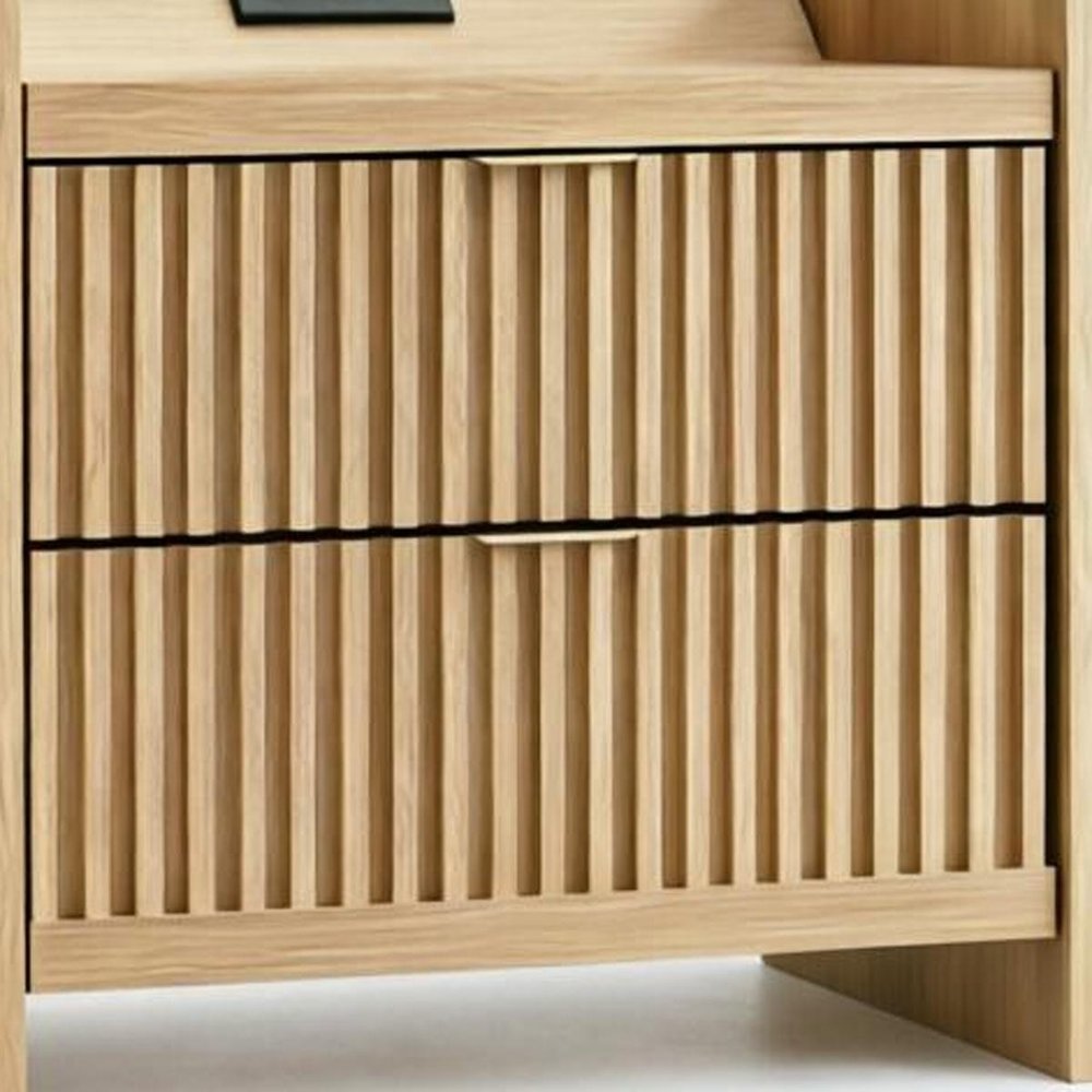 22" Natural Wood Ribbed Texture Two Drawer Nightstand with USB Port and Integrated Tech — view 5