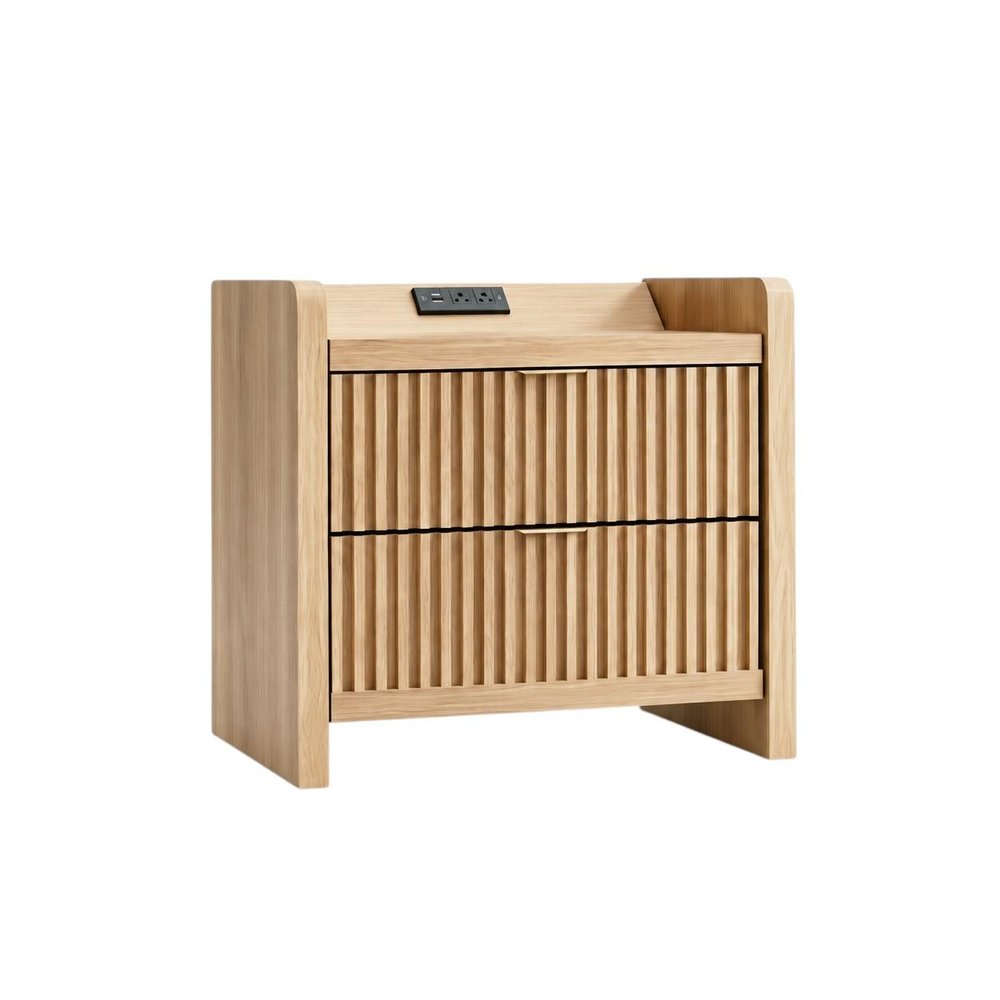 22" Natural Wood Ribbed Texture Two Drawer Nightstand with USB Port and Integrated Tech HomeRoots