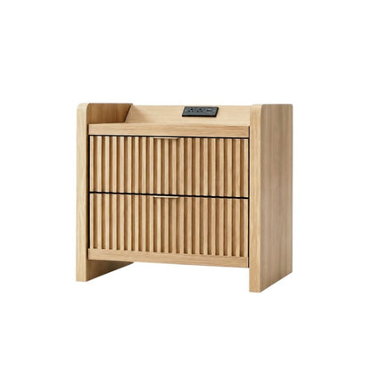 22" Natural Wood Ribbed Texture Two Drawer Nightstand with USB Port and Integrated Tech HomeRoots