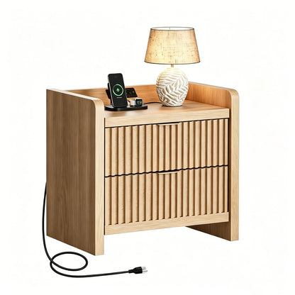 22" Natural Wood Ribbed Texture Two Drawer Nightstand with USB Port and Integrated Tech HomeRoots