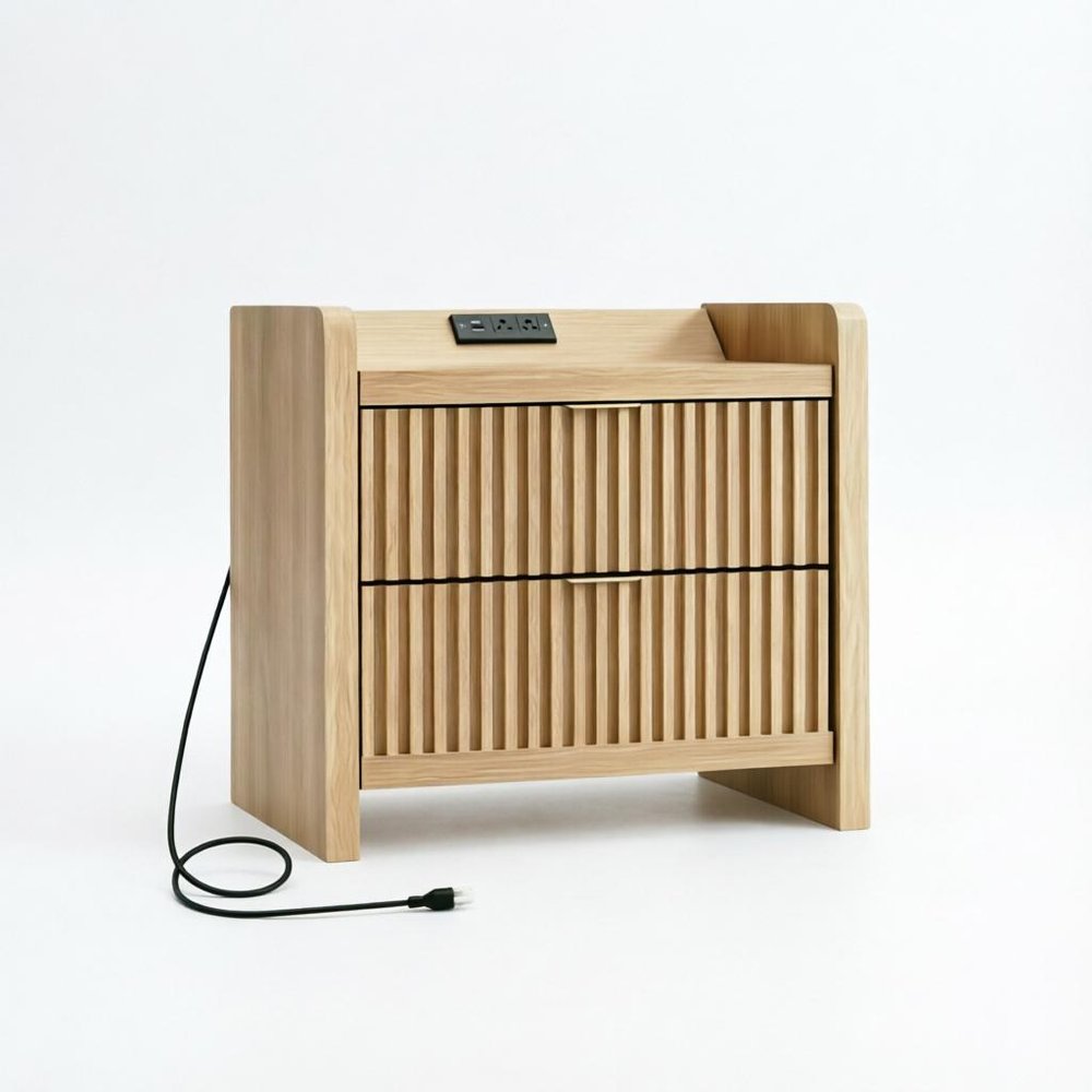 22" Natural Wood Ribbed Texture Two Drawer Nightstand with USB Port and Integrated Tech — view 3