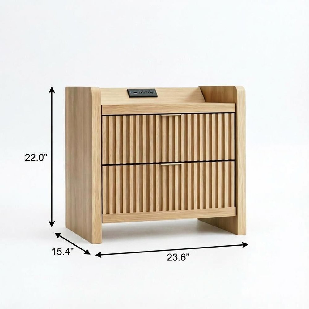 22" Natural Wood Ribbed Texture Two Drawer Nightstand with USB Port and Integrated Tech — view 9