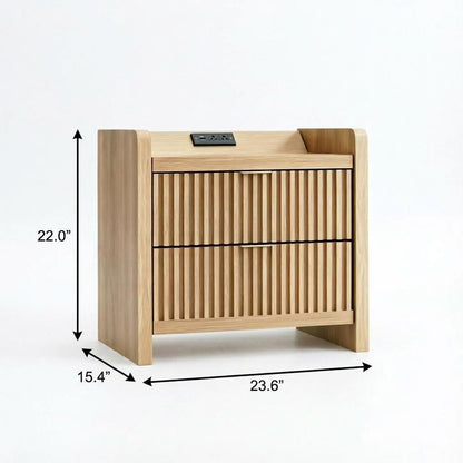 22" Natural Wood Ribbed Texture Two Drawer Nightstand with USB Port and Integrated Tech HomeRoots