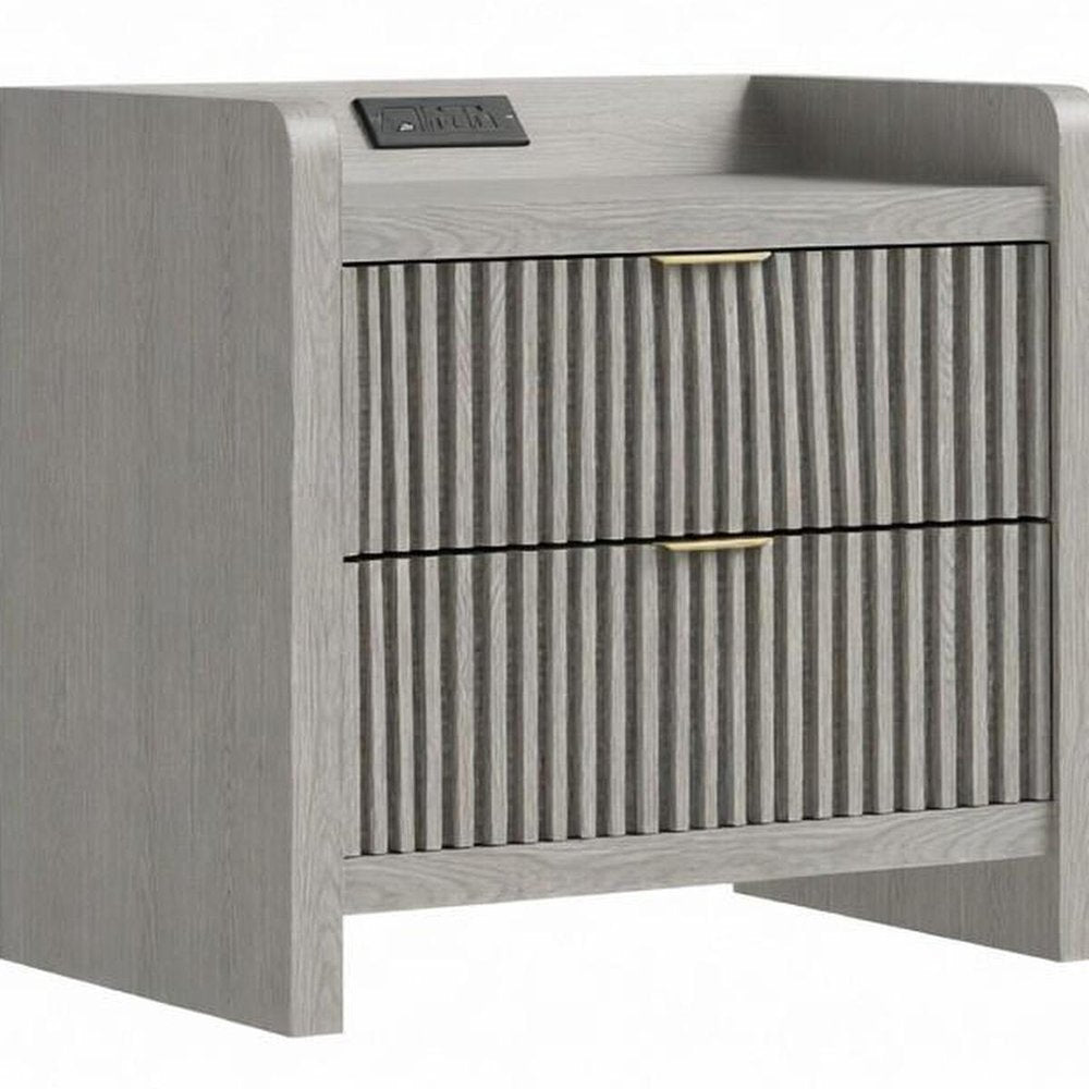 22" Natural Wood Ribbed Texture Two Drawer Nightstand with USB Port and Integrated Tech HomeRoots
