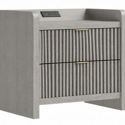 22" Natural Wood Ribbed Texture Two Drawer Nightstand with USB Port and Integrated Tech HomeRoots