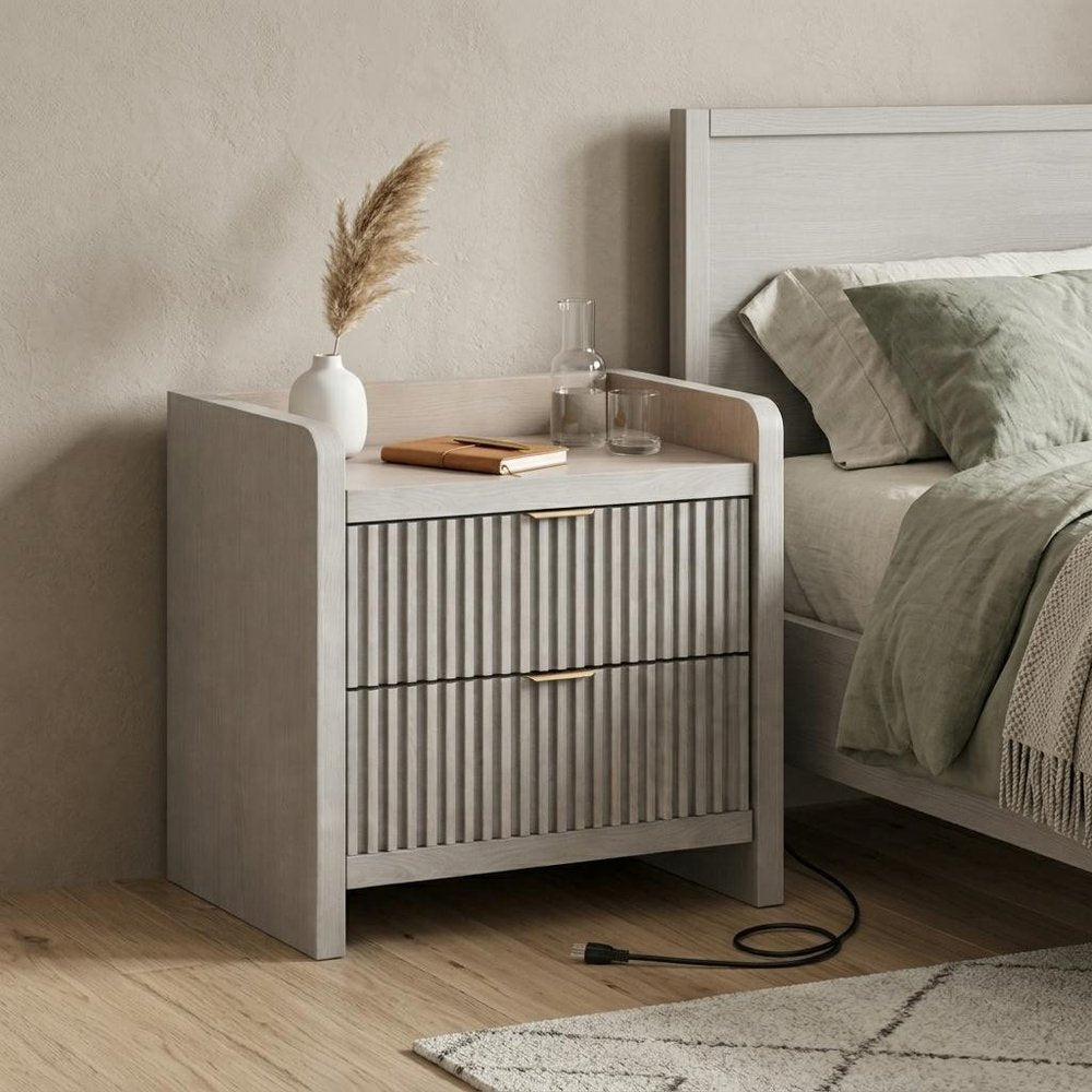 22" Natural Wood Ribbed Texture Two Drawer Nightstand with USB Port and Integrated Tech HomeRoots