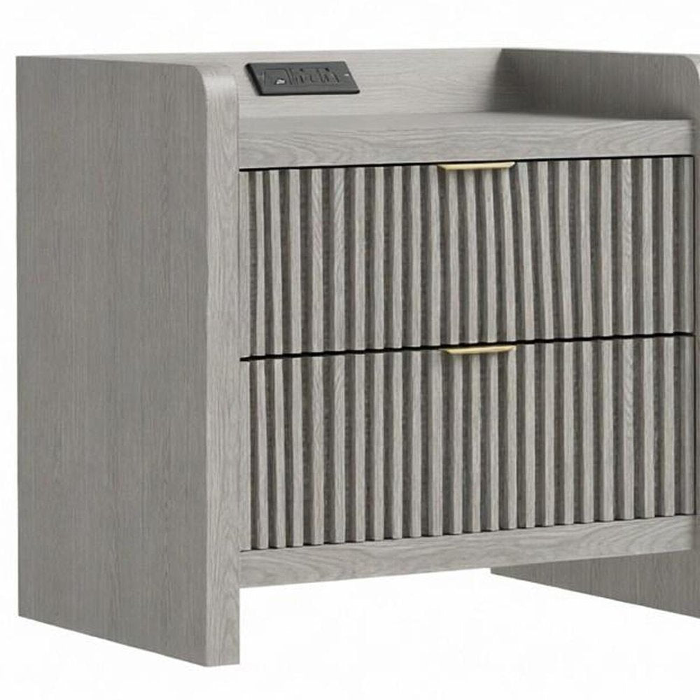 22" Natural Wood Ribbed Texture Two Drawer Nightstand with USB Port and Integrated Tech — view 13