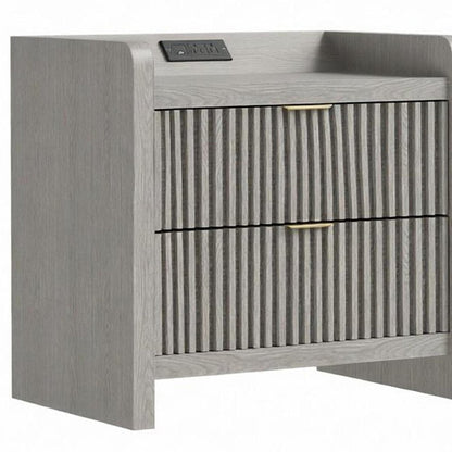 22" Natural Wood Ribbed Texture Two Drawer Nightstand with USB Port and Integrated Tech HomeRoots