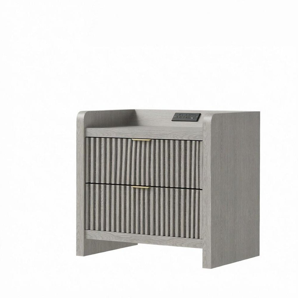 22" Natural Wood Ribbed Texture Two Drawer Nightstand with USB Port and Integrated Tech HomeRoots