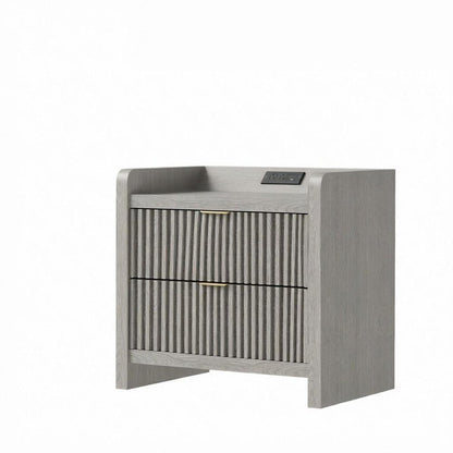 22" Natural Wood Ribbed Texture Two Drawer Nightstand with USB Port and Integrated Tech HomeRoots